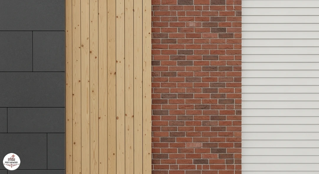 انواع متریال های نمای ساختمان شامل چوب آجر و بتن