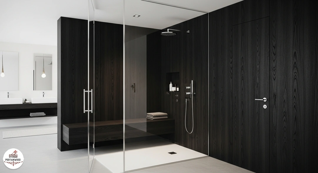 دیوارپوش و نیمکت ترمووود در یک حمام شیک و مدرن