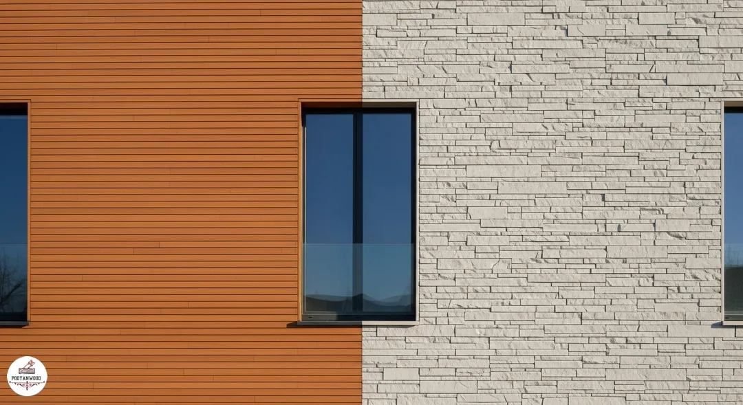 مقایسه نمای ترمووود و نمای سنگی در یک ساختمان
