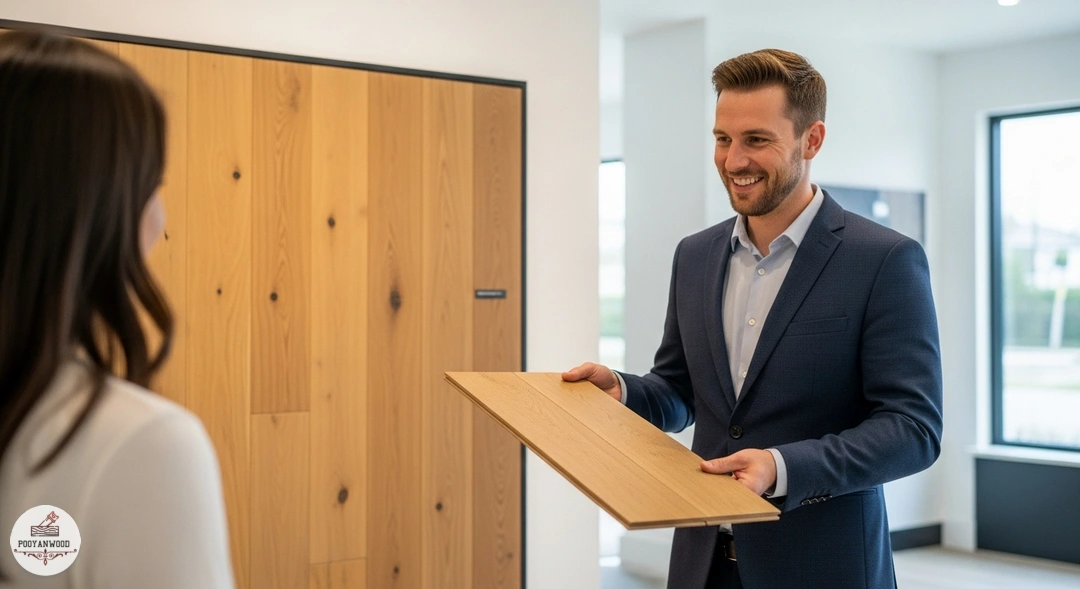 کارشناس پویان وود در حال ارائه مشاوره به مشتری برای انتخاب دیوارپوش چوبی