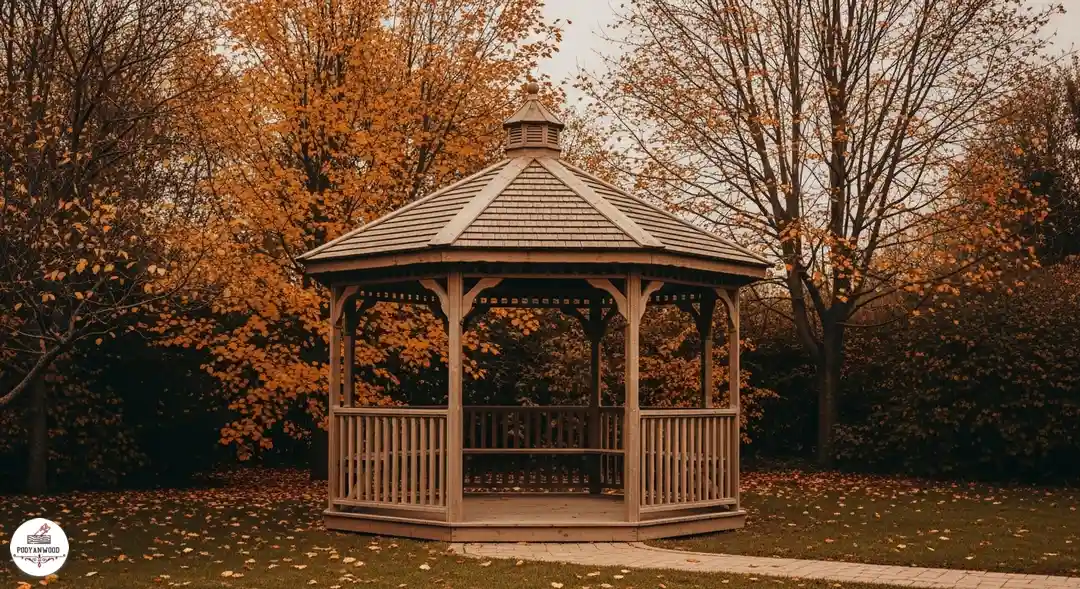 آلاچیق چوبی هشت ضلعی با سقف کامل در یک باغ