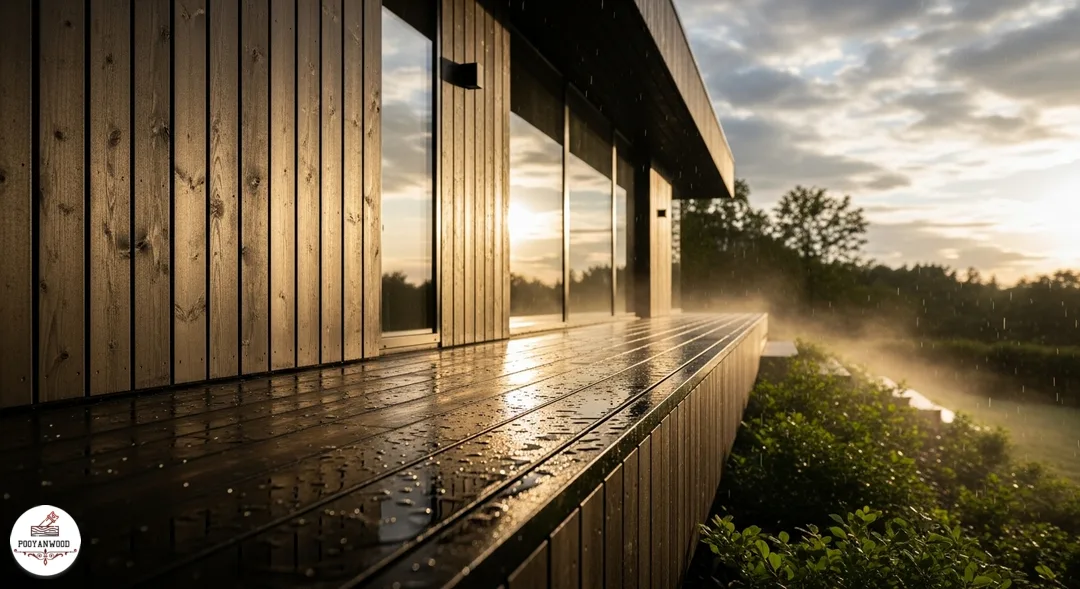 نمای ساختمان مدرن پوشیده شده با چوب ترمووود