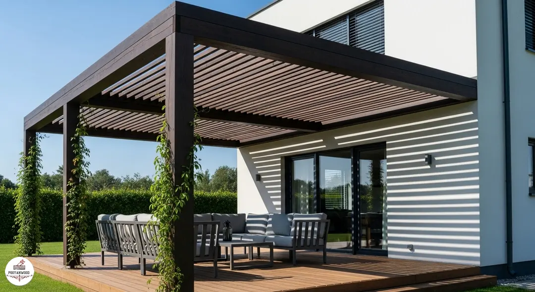 پرگولای چوبی مدرن با سقف نیمه باز و سایه های خطی